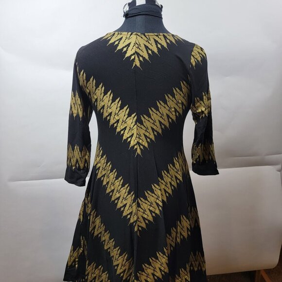 Bel Kazan Black Gold Zip Front Fit & Flare Dress Medium | Bali Made | Boho Mod - Picture 6 of 10